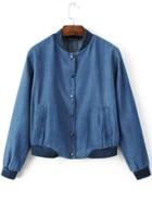 Shein Blue Letter Embroidered Buttons Front Bomber Jacket