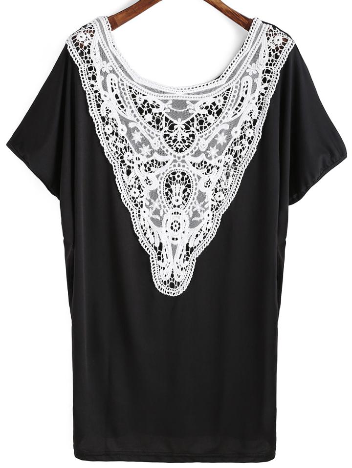 Shein Black Short Sleeve Lace Loose T-shirt