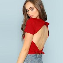 Shein Tie Open Back Solid Tee