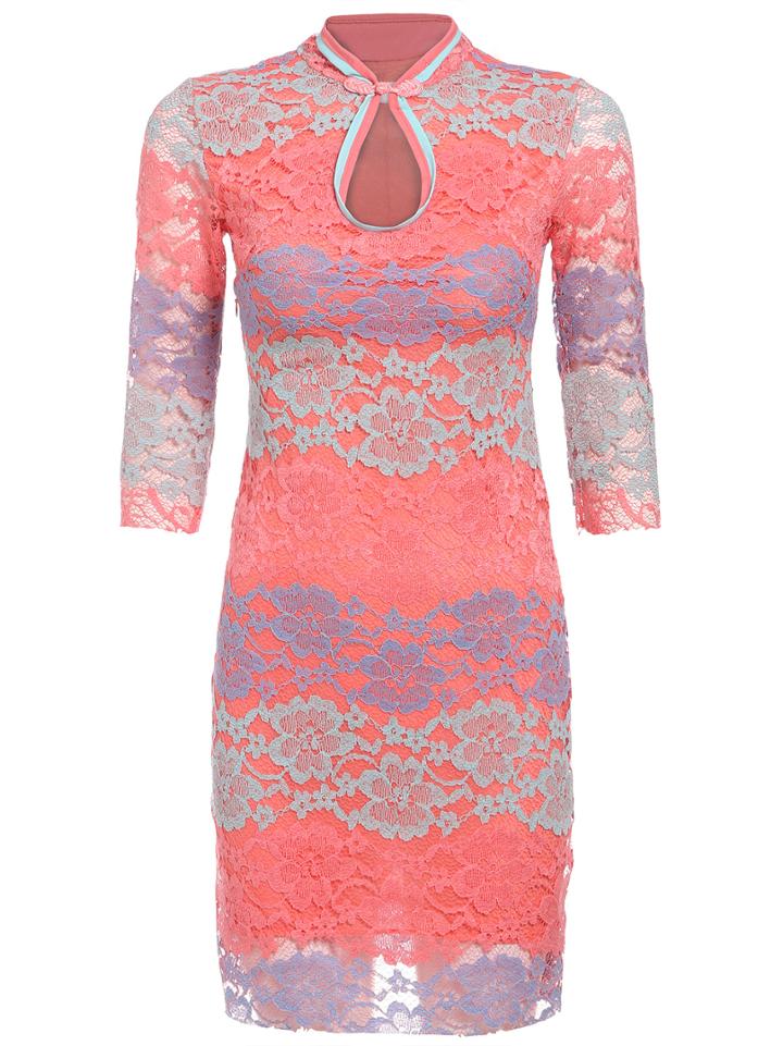Shein Colour-block Stand Collar Keyhole Lace Dress