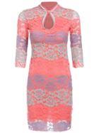 Shein Colour-block Stand Collar Keyhole Lace Dress