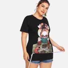 Shein Plus Figure Print Pearl Embellished Tee