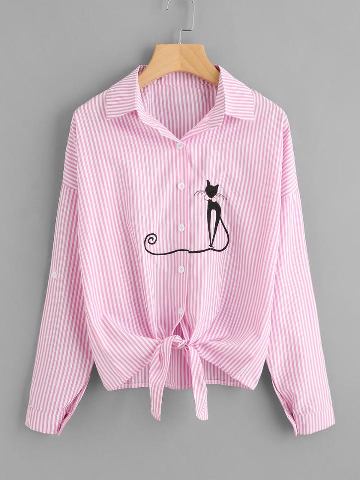 Shein Drop Shoulder Cat Embroidered Knotted Hem Striped Shirt