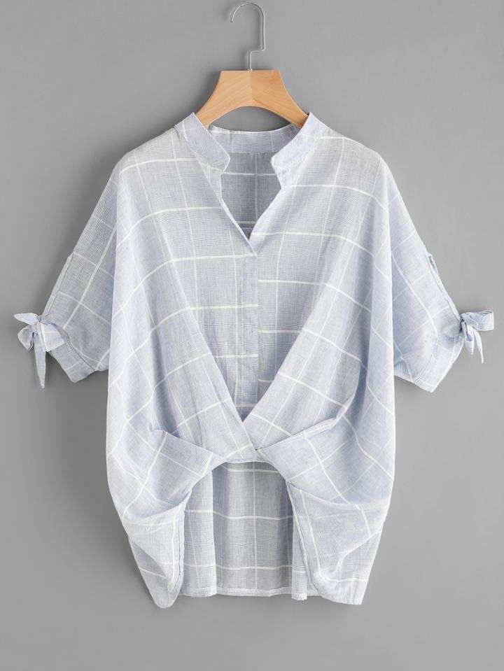 Shein V-cut Tie Sleeve Twist Front Grid Blouse