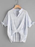 Shein V-cut Tie Sleeve Twist Front Grid Blouse