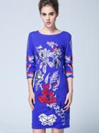 Shein Blue Round Neck Length Sleeve Embroidered Dress