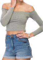 Rosewe Long Sleeve Off The Shoulder Grey Crop Top