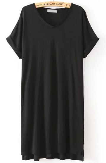 Shein Black V Neck Short Sleeve Loose Dress
