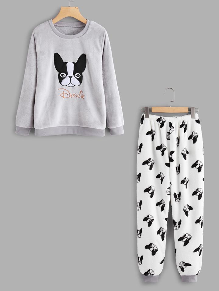 Shein Embroidered Dog Pullover Long Pajama Set