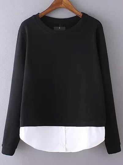 Shein Black Round Neck Contrast Hem Sweatshirt