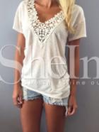 Shein White Crochet V Neck Short Sleeve T-shirt