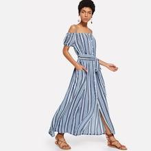 Shein Button & Pocket Up Belted Striped Dress