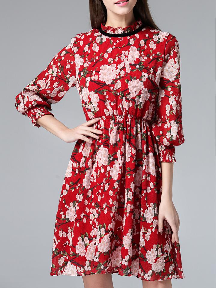 Shein Red Ruffle Neck Pleated Floral A-line Dress