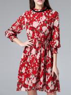 Shein Red Ruffle Neck Pleated Floral A-line Dress