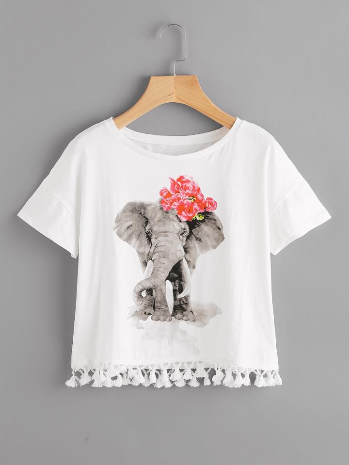 Shein Elephant Print Tassel Hem Tee