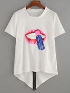 Shein White Sequin Lip Zip Back High Low T-shirt