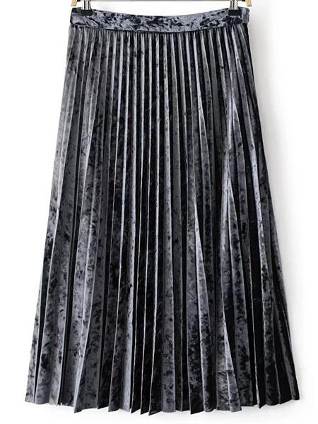Shein Grey Pleated Midi Velvet Skirt