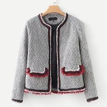 Shein Contrast Trim Fringe Detail Tweed Coat