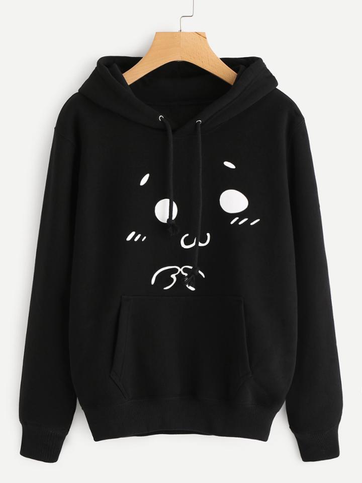 Shein Graphic Print Kangaroo Pocket Hooded Drawstring Sweatshirt
