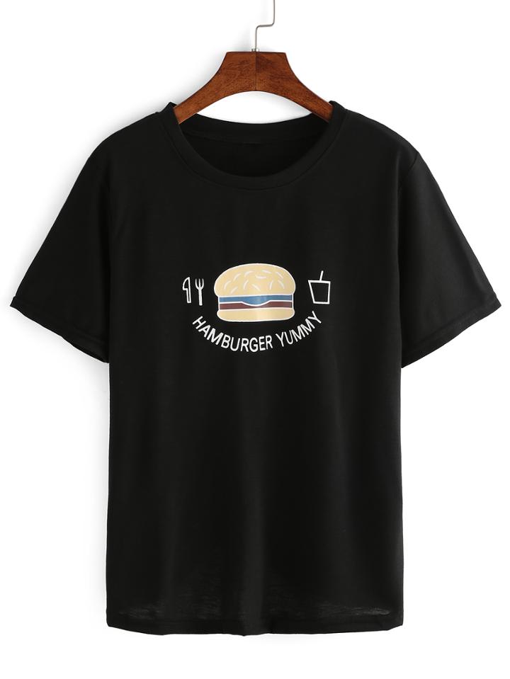 Shein Black Hamburger Print T-shirt