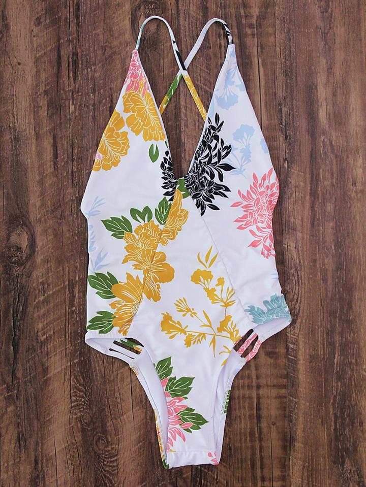 Shein Flower Print Crisscross Back Ladder Cutout Swimsuit