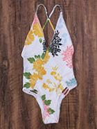 Shein Flower Print Crisscross Back Ladder Cutout Swimsuit