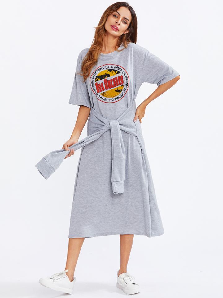 Shein Graphic Print Sleeve Tie Waist Tee Dress
