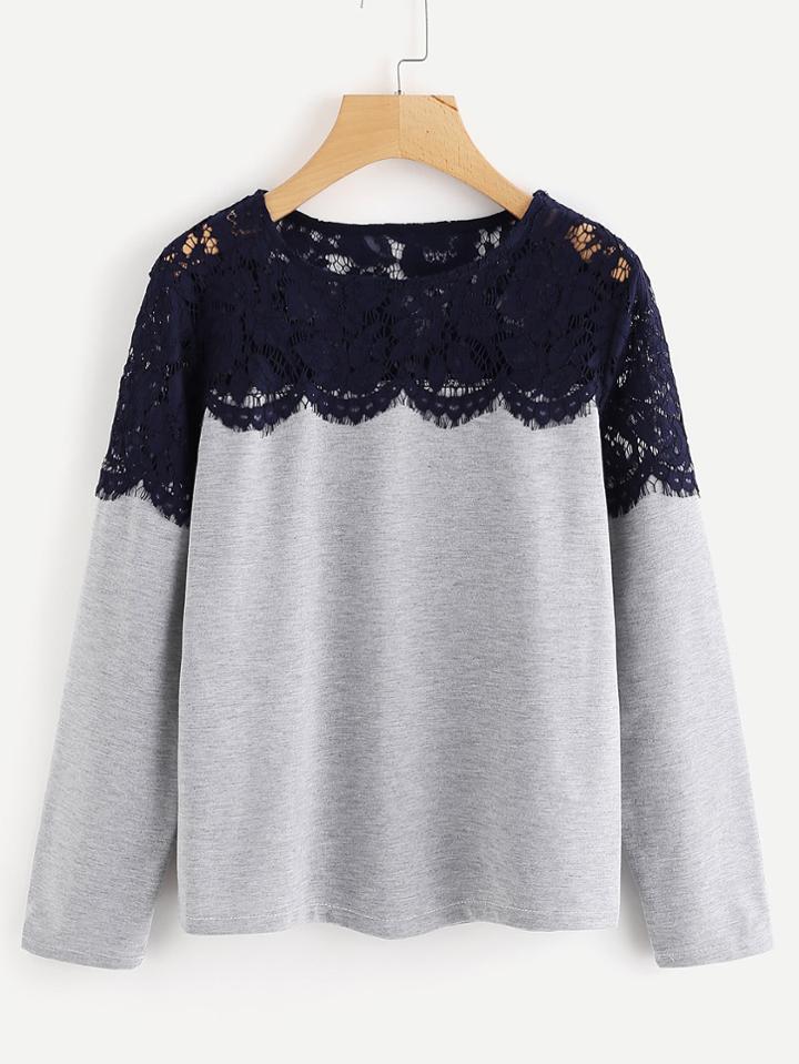 Shein Contrast Eyelash Lace Marled Tee