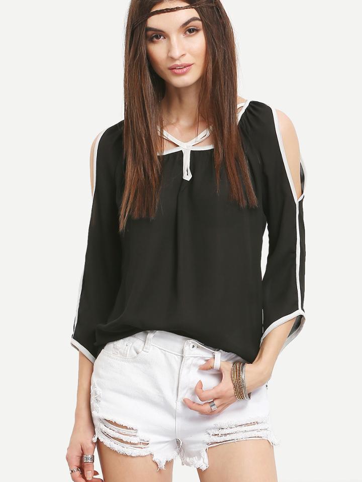 Shein Contrast Trim Cutout Slit Shoulder Top