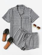 Shein Piping Detail Gingham Blouse And Shorts Pajama Set