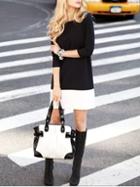 Shein Black Round Neck Contrast White Hem Dress