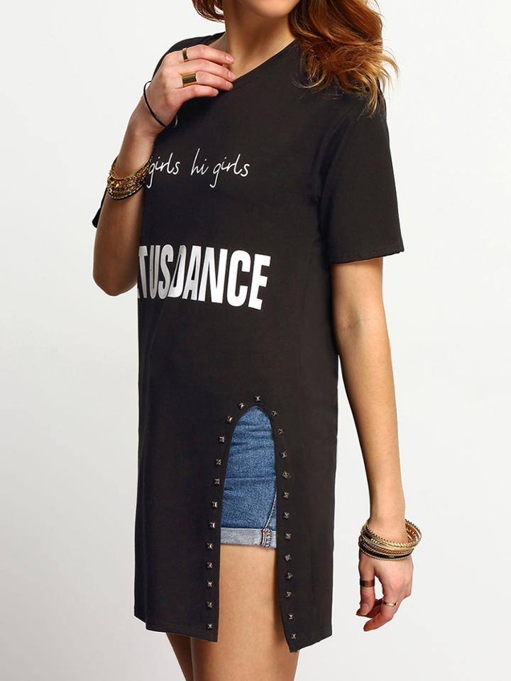 Shein Black Short Sleeve Letters Print Rivet Split T-shirt