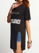 Shein Black Short Sleeve Letters Print Rivet Split T-shirt