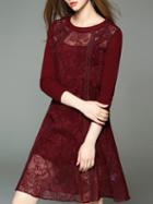 Shein Wine Red Round Neck Long Sleeve Two Pieces Lace Dress