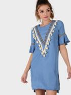 Shein Pom Pom Bell Sleeve Stepped Hem Chambray Dress