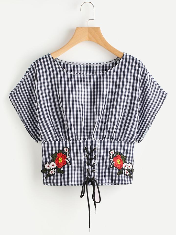 Shein Gingham Embroidered Appliques Lace Up Corset Blouse