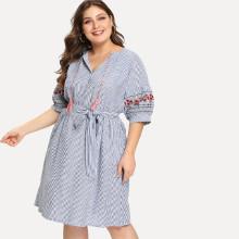 Shein Plus Drop Shoulder Embroidery Striped Dress