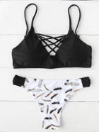 Shein Feather Print Criss Cross Front Bikini Set