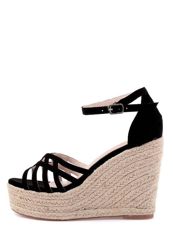 Shein Black Peep Toe Ankle Strap Wedge Sandals