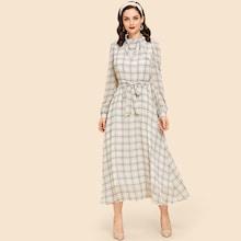 Shein Zip Back Belted Plaid Print Dress