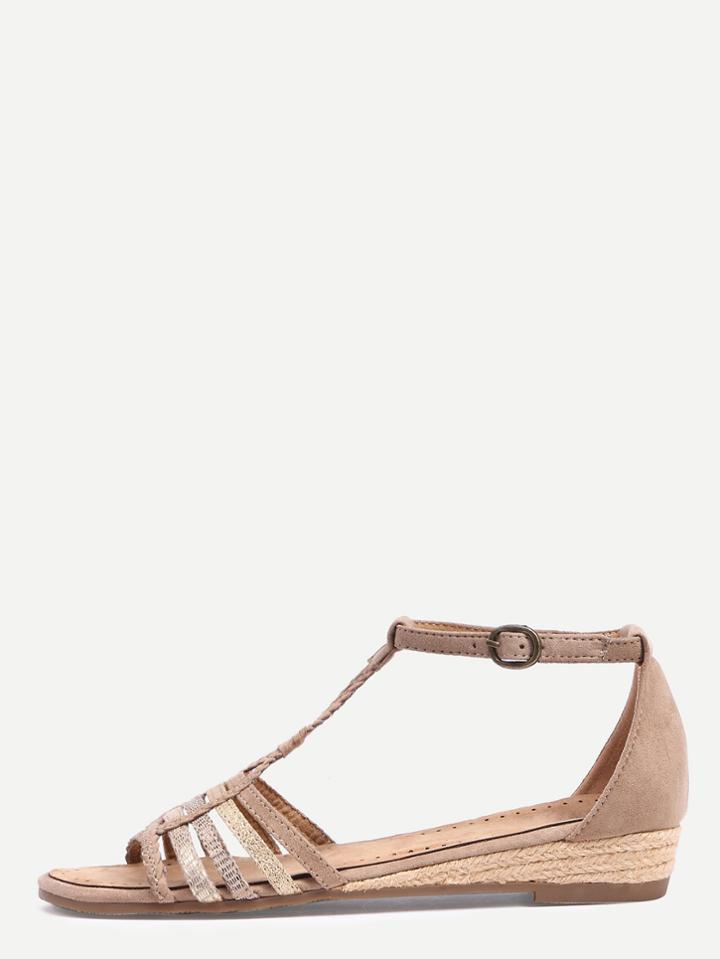 Shein Faux Suede Caged T-strap Sandals - Khaki