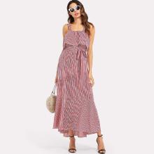 Shein Self Belted Flounce Trim Striped Dress