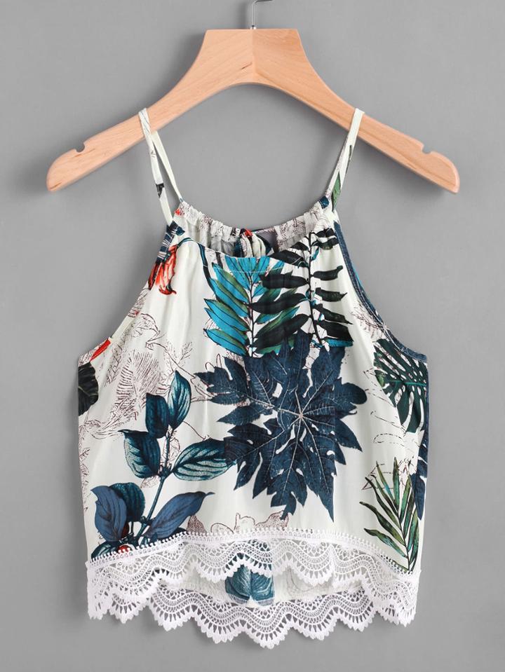 Shein Tropical Print Lace Hem Tie Back Cami Top