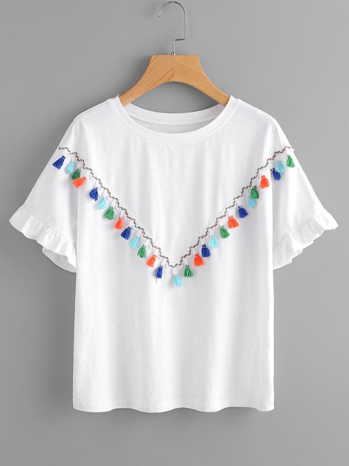 Shein Colorful Tassel Trim Frilled Sleeve Tee