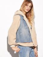 Shein Apricot Faux Shearling Hooded Top With Denim Vest