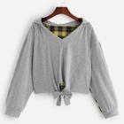 Shein Knot Hem Contrast Plaid Hooded Sweatshirt