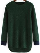 Shein Green Round Neck Dip Hem Loose Sweater