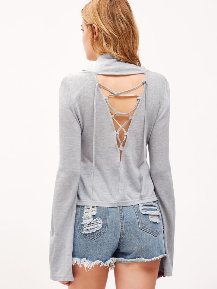 Shein Heather Grey Cowl Neck Bell Sleeve Lace Up V Back T-shirt