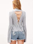 Shein Heather Grey Cowl Neck Bell Sleeve Lace Up V Back T-shirt