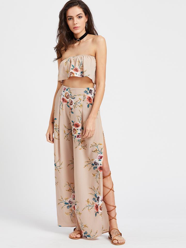 Shein Khaki Florals Ruffle Layered Bandeau Top With Split Pants